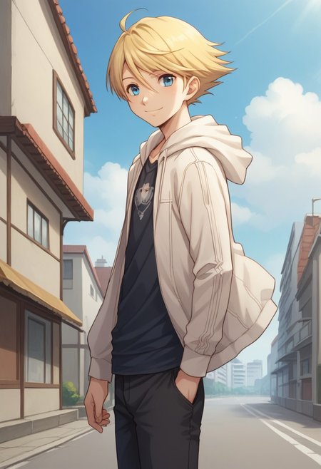 score_9, score_8_up, score_7_up, source_anime, highly detailed, 
teddie, solo, blonde hair, male focus, 1boy, hood, long sleeves, jacket, pants, blue eyes, looking at viewer,
shirt, open clothes, hooded jacket, hood down, hoodie, open jacket, smile, 
outdoor, sky, building, day, clouds,