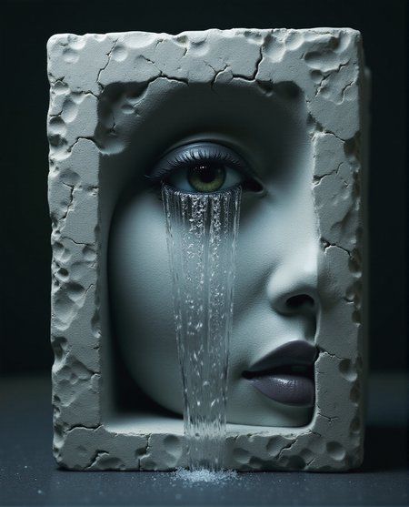 cinematic photo a block of stone, the left half of the block has been carved into a realistic beautiful woman's face, from the  eye pours a waterfall
the stone is covered in tiny cracks, the eye is a real photorealistic eye . 35mm photograph, film, bokeh, professional, 4k, highly detailed