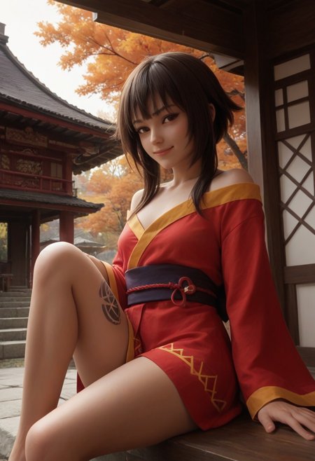 score_9, score_8_up, score_7_up, score_6_up, 
1girl, megumin, 
kimono, tattoos, Japanese architecture, temple, autumn,
seductive smile, come hither, sitting, holding own legs, cowboy shot, dutch angle,