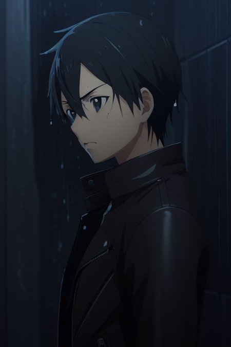 high resolution, solo, best quality, 1Boy, Kazuto Kirigaya, portraits, Black Hair, Black Eyes, heavy rain, night, looking down, sad, leather jacket, looking away, wet, wet hair, OverallDetail