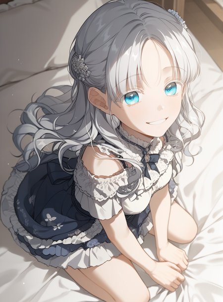 score_9_up, score_8_up, score_7_up, (Anime_source), 1girl, smile, kneeling on bed, looking at viewer, from side, from above, dress <lora:Aisha_Del_Elmir_-_Into_the_Light_Once_Again:1> aisha del elmir, 1girl, blue eyes, white hair, long hair, medium breasts, white eyeslash, parted bangs,