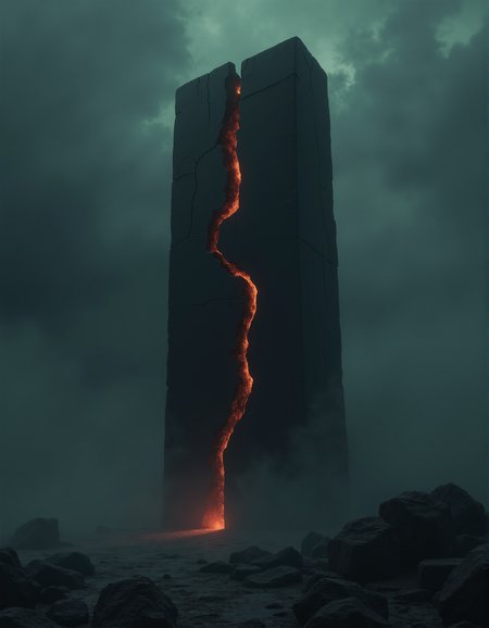 an ancient monolith with glowing cracks, dark fantasy, subtle chromatic, poisoncore, brutalist <lora:Poisoncore:1>