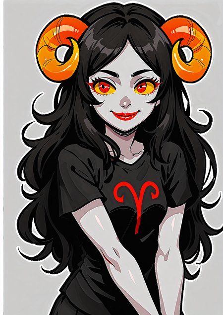 score_9, score_8_up, score_7_up, score_6_up, score_5_up, score_4_up, 2d, anime, anime artstyle, simple shadows, flat coloring, flat shadows, thick lines, white outline, <lora:Aradia_Megido_Homestuck_-_Starter_outfit_Deadalive_versions:0.85>, 1girl, grey skin, yellow sclera, red eyes, sheep horns, long hair, black hair, smile, lipstick, red lips, black shirt, t-shirt BREAK source_anime
