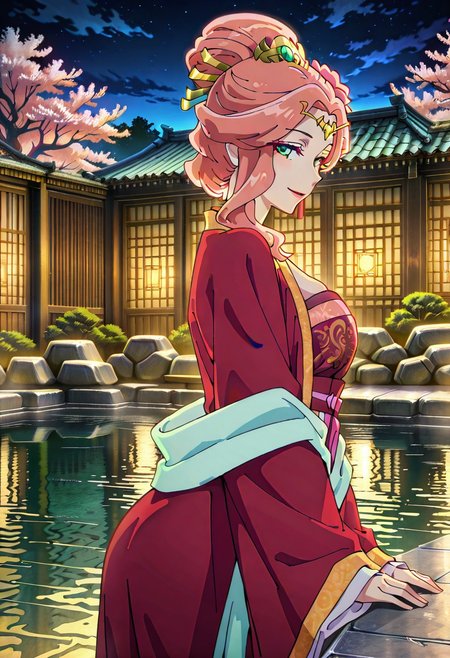 score_9, score_8_up, score_7_up, 1girl, solo, Gyokuyou, pink hair, long hair, single hair bun, green eyes, hair ornament, losing dress, side boobs, hanfu, makeup, side view, looking at viewer, seductive smile, dynamic angle, onsen, sexy_attire, warm atmosphere, intimate ambiance, detailed background, cherry blossom, night, highly detailed, cowboy shot