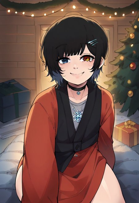 score_9, score_8_up, score_7_up, score_6_up, score_5_up, score_4_up, zPDXL2, zPDXLxxx, zPDXL3, source_anime, <lora:festive-christmas-boy-v1:1>,  
1boy, solo, short curly hair, dark blue-black hair, messy hair, multiple hair bows, blue hair bow, small decorative ribbons, snowflake hair clip, small ornaments in hair,  
heterochromia, blue eye, golden eye, choker, black choker, snowflake pendant, dark winter clothes, oversized and fluffy black vest with a hint of blue, large neckline, visibly too big, warm smile, soft expression, looking at viewer,  
black scarf, soft and cozy scarf, draped around neck,  
christmas setting, dark cozy cabin, dim lighting, faint christmas lights, christmas tree, decorated tree, glowing lights, presents under tree,  
festive atmosphere, calm ambiance, soft shadows, dark room, subtle lighting, holiday theme, grey cat-shaped hair pin