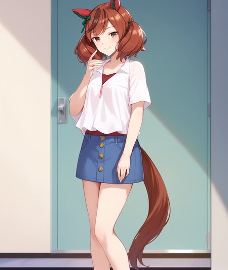 score_9, score_8_up, score_7_up BREAK
casual_clothes, 1girl, solo, looking at viewer, smile, bangs, skirt, brown hair, shirt, animal ears, twintails, brown eyes, closed mouth, standing, tail, full body, white shirt, red hair, multicolored hair, shoes, blue skirt, streaked hair, white footwear, horse ears, own hands together, horse girl, sneakers, horse tail, ear covers, denim skirt, 
<lora:Nice Nature-ponyXL:0.8>,