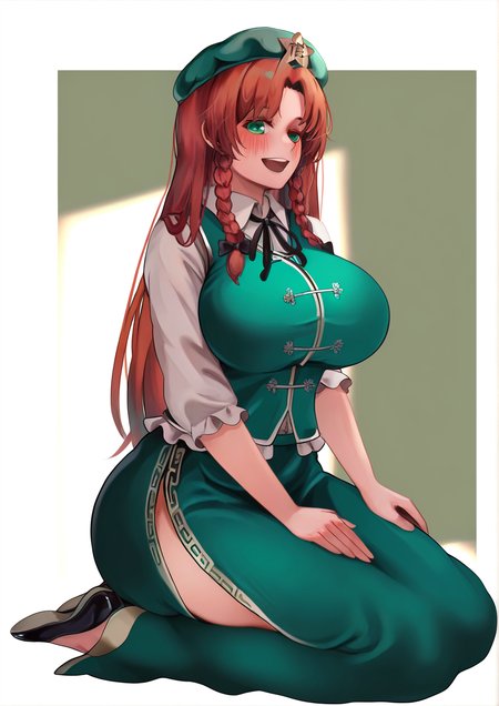 <lora:Doogge:1.1>,1girl, hong meiling, detailed background, huge breasts, wide hips, , :d, beret, black bow, black bowtie, black footwear, blush, border, bow, bowtie, braid, breasts, buttons, collared shirt, dress shirt, eyebrows, flats, full body, green eyes, green headwear, green skirt, green vest, grey background, hair bow, hand on own thigh, hat, hat ornament, long hair, long skirt, long sleeves, looking at viewer, open mouth, outside border, parted bangs, red hair, seiza, shirt, shoe soles, shoes, side slit, sitting, skirt, sleeves past elbows, smile, solo, star (symbol), star hat ornament, tareme, thighs, twin braids, very long hair, vest, white border, 
very awa, masterpiece, best quality, highres, absurdes,amazing quality,