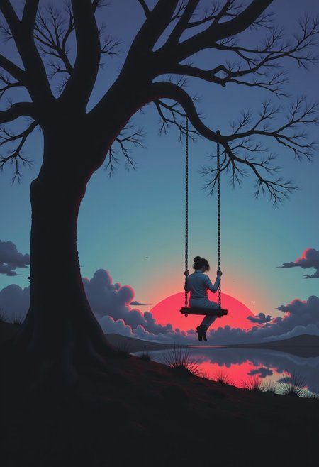 neon-mist,aidmaGlow,
"An empty swing hanging from an old tree, swaying gently in the wind, with autumn leaves on the ground."