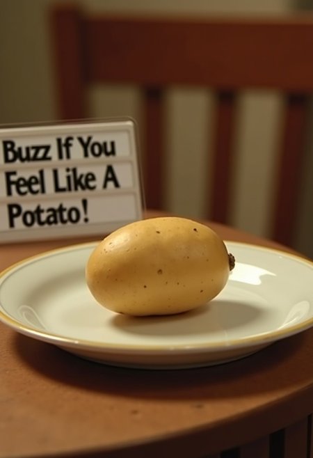 A single potato on a dinner plate on a table, with a sign next to it saying text ''Buzz If You Feel Like A Potato!'' cinematic shot,