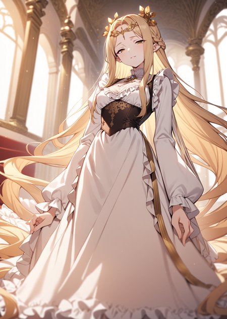 masterpiece, best quality, very authentic, absurdres, from below, 1girl, solo, aurora\(fate\), aurora\(fate\)'s diadem, white victorian dress with delicate gold lace trim, (frills:1.2), high collar, long dress, shawl, long sleeves, juliet sleeves, lace trim, on stairs, looking down, looking at viewer, light smile, parted lips, furrowed brow, half-closed eyes, braid, absurdly long hair, hair spread out on ground, palace, indoors, window, depth of field, light particles, (by choco \(chocolate shop\):1.2), <lora:Aurora-anxl31-000059:0.6>, <lora:victorian_dress-XL-2.0:1>,