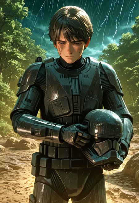 detailed background, cowboy shot, solo, 1boy, SithTrooper, dark black armor, young adult male human, brown hair, smug, Star Wars forest scenery, storm, at night, mud on armor, holding helmet in hand, detailed scenery, masterpiece, best quality, very aesthetic, newest, masterpiece, best quality, amazing quality, very aesthetic, absurdres, newest,, high res, ultra detailed, best quality, best artwork, 4k, ultra quality, perfect face, absurdres,masterpiece,best quality,amazing