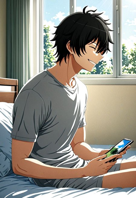 high resolution, solo, best quality, 1Boy, Seiya Kanie, black hair, short hair, thin, holding smartphone, t-shirt, on the bed, sunny day, window, smile, side view, sit, nap, indoor, bed room, OverallDetail