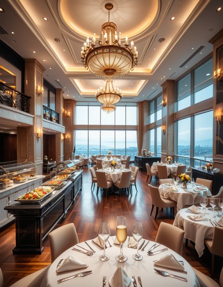 <lora:SDXLFaeTastic2400:0.4> <lora:extremely_detailed:0.4> extremely detailed
A grand and opulent buffet hall with high ceilings, adorned with intricate chandeliers casting a warm golden glow. The hall is lined with long, elegantly decorated tables covered in fine white linen, showcasing an extravagant selection of gourmet dishes. Silver chafing dishes gleam under soft ambient lighting, filled with delicacies such as succulent roasted meats, fresh seafood on ice, and vibrant platters of exotic fruits. Ornate floral arrangements and carved ice sculptures serve as centerpieces, enhancing the grandeur of the setting. In the background, tall arched windows with heavy velvet drapes reveal a breathtaking city skyline. Guests in elegant evening attire mingle, holding fine crystal glasses filled with champagne, adding to the sophisticated and lavish atmosphere.
luxurious buff3t h4ll,  <lora:luxurious_buff3t_h4ll-p:1>, Masterpiece,best quality,hi res,8k,hi res,8k,award winning,(sharp focus, intricate, highly detailed),