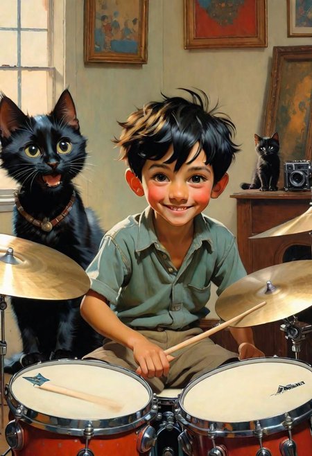 by Norman Rockwell, photo of the most beautiful artwork in the world, black haired, young boy playing drums, camera looking from above, smiling, looking at the camera, in a studio, black kitten next to him playing,  nostalgia, professional majestic oil painting by Ed Blinkey, Atey Ghailan, Studio Ghibli, by Jeremy Mann, Greg Manchess, Antonio Moro, trending on ArtStation, trending on CGSociety, Intricate, High Detail, Sharp focus, dramatic, photorealistic painting art by midjourney and greg rutkowski