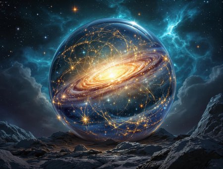 highly detailed image of a lighting galaxy in deep space,ethereal,delicate, grim,intricate design and 
details, encapsulated inside of a big round scrying orb, extremely high quality image, HDR, fantasy, photo  Centered in Perfect Composition, Complex Details Showing Unique and epic Elements, Very Detailed Digital Painting, Dramatic Lighting, Very Realistic, dark space, turquoise hue