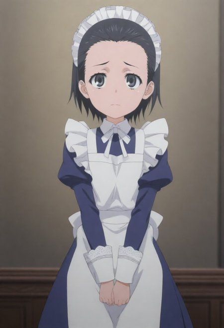 masterpiece, best quality, amazing quality,,, shiny skin,,,,,<lora:Maika Tschimikado:1> ma1ka, black hair, short hair, black eyes, maid headdress, maid, apron,