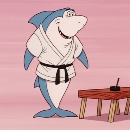 score_9, score_8_up, score_7_up, score_6_up, score_5_up, score_4_up, source_furry, jabberjawHB, feral, male, shark, blue skin, dougi, black eyes, pink background, sharp teeth, belt, teeth, parody, martial arts belt, table, standing