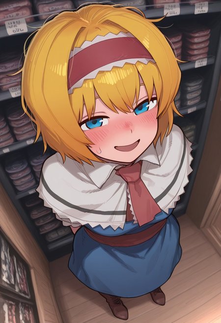best quality, hires, thick outlines, from above,
1girl, solo, (ichigo \(cookie\):1.2), (alice margatroid:0.6),
blonde hair, blue eyes, short hair, curly hair, messy hair,
white capelet, blue dress, medium dress, red sash, red necktie,
frilled hairband,
looking at viewer, blush, standing, open mouth,
full body, short female,
brown boots, lace-up boots, knee boots, arms behind back,
indoors, store, shelfs, smile,