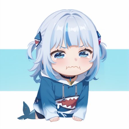 score_9, score_8_up, score_7_up, rating_safe, zPDXL2,  zPDXLxxx, zPDXL3, source_anime, <lora:GenshinChibi:1.2>, 
GenshinChibi, chibi, gawr gura, blue hoodie, two side up, shark hair ornament, 
 <lora:concept_aquacrying_ponyXL:1>, blue eyes, aquacrying, wavy mouth, closed mouth, tearing up, 
 <lora:guraXL:1>