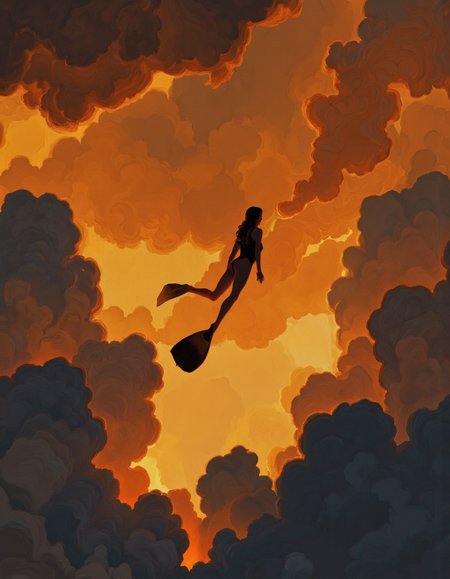 By Artem Chebokha. A digital illustration shoot from a low angle about a silhouette of a woman flying through a dramatic sky filled with orange and yellow hues, resembling a sunset. the image also shows a woman in a black bodysuit and scuba fins, in the middle of the image, who appears to be in mid-air, with her full body visible. she has long, flowing hair and is facing away from the viewer, giving a sense of movement and energy to the scene. the woman is positioned in the center of the frame, with the dramatic sky stretching out behind her. the sky is filled with large, swirling clouds, creating a dramatic contrast with the warm, orange hues of the sunset. overall, the image has a dramatic and dynamic feel, with a focus on the woman's dynamic pose and the fiery background.