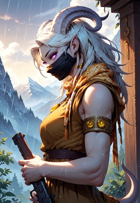 masterpiece, score_9, score_8_up, score_7_up, score_6_up, world of warcraft, fantasy, 

(female, draenei, h0rns, ram horns, white horns, tall, athletic arms, pale white skin, long white hair, purple eyes, long white tail, joyous face, four fingers per hand, long fingers), 

upper body, side view, resting, looking to viewer, 

(long loose cream dress, tail under dress, cream silk scarf, simple armlet, small yellow gem pendant, black facemask), GunMonk, shotgun, 

depth of field, outdoor, mountain, stormy, raining, windy, alone, low angle, 

<lora:add-detail-xl:1.5>