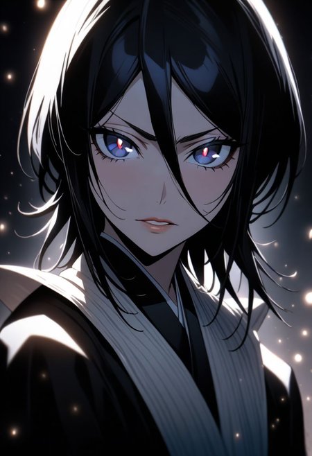 (masterpiece), (best quality), (ultra-detailed), 
1girl, solo,  gorgeous lips, an elegant face, 
light particle, particle, shadow, Kuchiki Rukia ,Bleach, detailed lips , black detailed pupils,