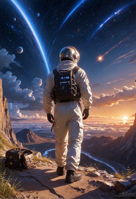 score_9,score_8_up,score_7_up,embedding:zPDXL2, masterpiece,best quality,highly detailed,detailed background, film grain,colorful,glowing,hand person,Expressiveh, , solo, 1boy, standing, male focus, bag, from behind, watermark, backpack, helmet, star \(sky\), scenery, 1other, science fiction, realistic, space, planet, ambiguous gender, spacecraft, spacesuit, astronaut, starship，<lora:增强\(增强)sdxl_lightning_8step_lora.safetensors:1.0:1.0> <lora:增强\(增强)Expressive_H-000001.safetensors:0.8:0.8> <lora:增强\(增强)Hands XL 4.safetensors:1.0:1.0> <lora:增强\glowneon_xl_v1.safetensors:1.0:1.0> <lora:Vixon\收藏\Vixon's Pony Styles Illumi.safetensors:0.8:0.8>