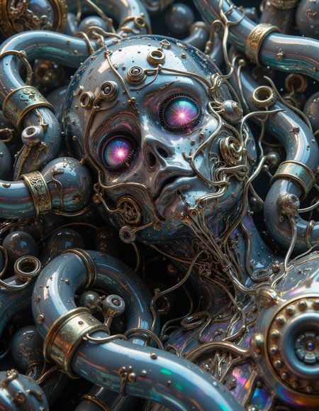 chaotic distorted image composition of a transparent cyborg buried among translucent tubing connected, abandoned organic decay  <lora:models\Flux\aidmaMJ6.1-FLUX-v0.4:0.3>, <lora:models\Flux\custom\psychedelic-cyberpunk-000005:0.55>, <lora:models\Flux\custom\apostle-of-decay-2-000019:0.5>, <lora:models\Flux\The_Deep_Abyss-000021:0.6> 4byss, rainbow holographic prismatic iridescent multi-colored ornate glossy material, hard plastic, black tar ooze, tubing, surreal, global illumination, volumetric lighting, atmospheric haze, dense fog, sharp focus, selective focus, soft focus, dof, depth of field, specular occlusion ambient lighting, god rays, anaglyphic distortions, rainbow light prism explosions