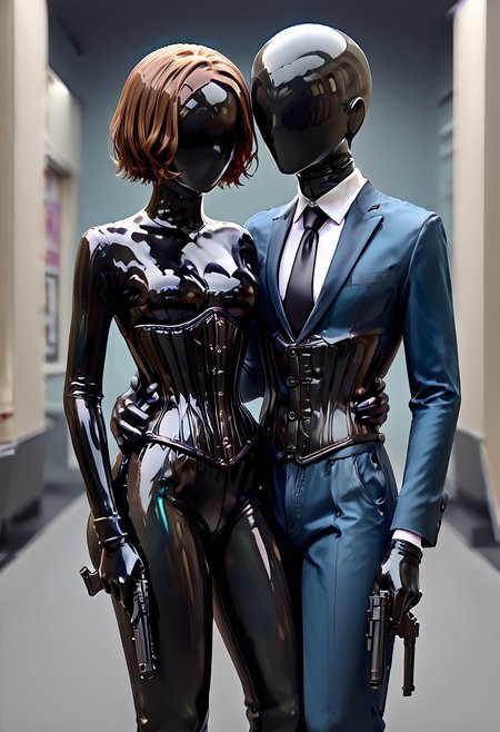 1boy, gun, brown hair, short hair, blue suit, black necktie, grey blue pants, hand_on_another's_waist, hand on another's waist, 1girl, DroneFace, glossy, no hair, Latex body,  shiny, black bodysuit, Corset, latex leggings, latex gloves, gun.