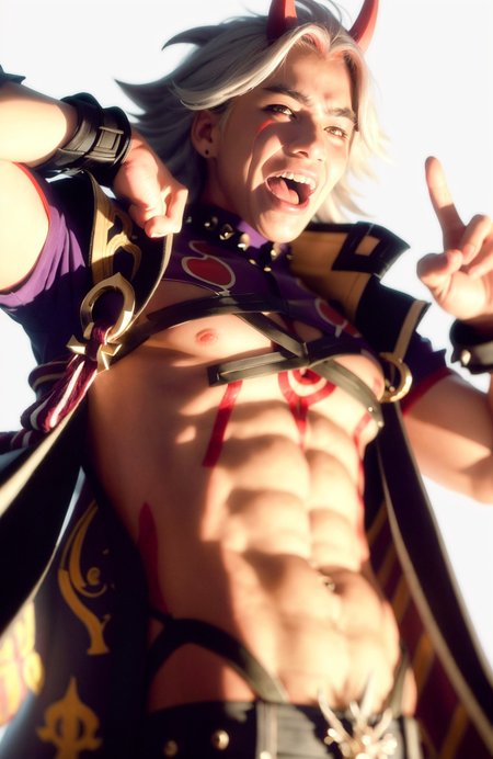 masterpiece, best quality,1boy, horns, male focus, arataki itto, solo, long hair, abs, red horns, white hair, white background, vision (genshin impact), arms up, simple background, spikes, open mouth, oni horns, crop top, navel