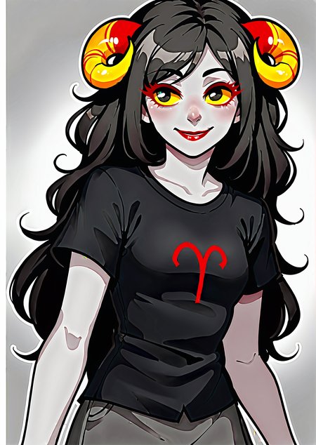score_9, score_8_up, score_7_up, score_6_up, score_5_up, score_4_up, 2d, anime, anime artstyle, simple shadows, flat coloring, flat shadows, thick lines, white outline, <lora:Aradia_Megido_Homestuck_-_Starter_outfit_Deadalive_versions:1>, 1girl, grey skin, yellow sclera, sheep horns, long black hair, smile BREAK source_anime