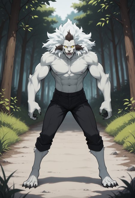 masterpiece,best quality,amazing quality, 1boy, solo, b43k, furry, colored sclera, no pupils, black pants, full body, outdoors, topless, glowing eyes,  white fur,