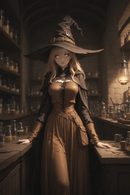 masterpiece, best quality, amazing quality, witch,  lineart, clothed, medieval laboratory, solo,