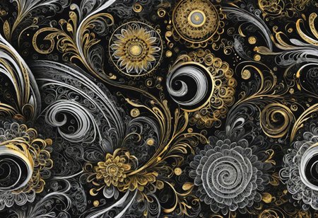 detailed 2D white+gold doodles on black background, crisp edges, merged with a 3D rendition of gassy or bubbly soft-edged shapes in many colors,