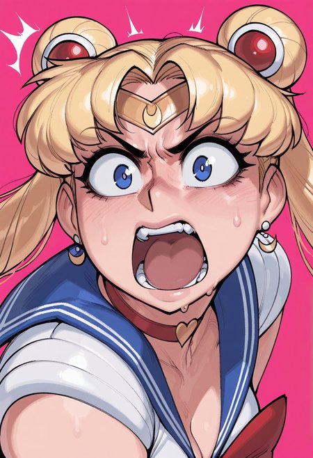 krekkov, (pixelsketcher:0.5), masterpiece, best quality, high quality, absurdres, very awa, newest, solo_focus, anime, fisheye view.
sailor moon, blonde hair, blue eyes, open mouth, aggressive, surprised, angry. 
pink background