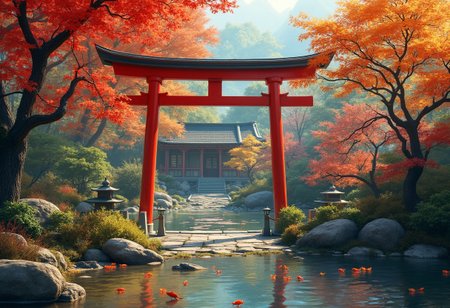 A tranquil Japanese garden in autumn. A red torii gate stands at the entrance, surrounded by vibrant maple trees with leaves of crimson, gold, and amber. A koi pond shimmers under the dappled light, reflecting the colors of the season. Stone lanterns line the pathway leading to a traditional wooden tea house, partially hidden behind delicate cherry blossoms. Detailed realism, inspired by Yoshitaka Amano and Ivan Aivazovsky, with a serene and mystical ambiance.