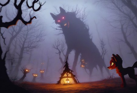 score9, score8_up, score7_up,  score6_up, (enchanted woods:1.3), eerie, scary, extreme thunderstorm, flash light, in the dark, mystic lights, foggy, wolves, small & old shack, (spiderwebs:1.05), grave yard, undead, spooky atmosphere, stop-motion clay figures, (ink water-color painting:1.13), cinematic scene: dolly-shot, view from low angle, depth of field, intricate details