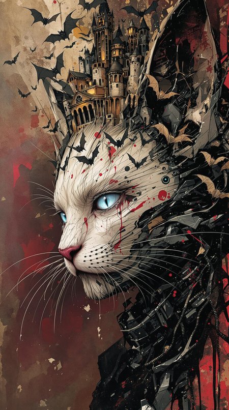 close up portrait, cybernetic anthropomorphic cat vampire, jagged castle and bats growing out of his head, in the style of Gediminas Pranckevicius, nausicaa, Moebius, Russ Mills, Carne Griffiths, torn paper, torn metal, splattered oil paint, cyberpunk, atompunk, monsterpunk, volmetric dust, pulp illustration, photorealism, raking sunlight, cinematic lighting, enhanced textures, creative, vibrant, masterpiece, 8k, ultra HD, ultra-detailed, amazing quality, amazing artist, sharp edges, detailed textures, full view, atmospheric lighting, amazing visuals