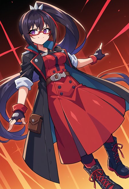 score_9, score_7_up, source_anime, BREAK   <lora:GunvoltMain:1> Azure Striker Gunvolt(Main),, smug smile, 1girl, purple eyes, red-framed eyewear, black hair, red colored tips, red streaked hair, very long hair, side ponytail, tied hair, medium breasts, red colored tips, jacket on shoulders, red dress, sleeves rolled up, fingerless gloves, holster, belt, multiple belts, combat boots, pants under dress, black coat,