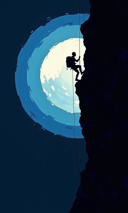 Full shot of a silhouette of a rock climber ascending a cliff face at night. 
The climber is positioned mid-climb, using a rope to ascend the steep, dark cliff. A backpack is visible on the climber's back. 
The cliff face is a solid black silhouette, dramatically contrasting with the light, almost white, circular shapes of the moon-like imagery that forms the background. The moon shape showcases layered, concentric rings that are gradient blue tones creating a depth effect. 
The entire background is a dark, deep blue, establishing a nighttime atmosphere.
<lora:FLUX-daubrez-DB4RZ-v2:1> DB4RZ, DB4RZ style painting
