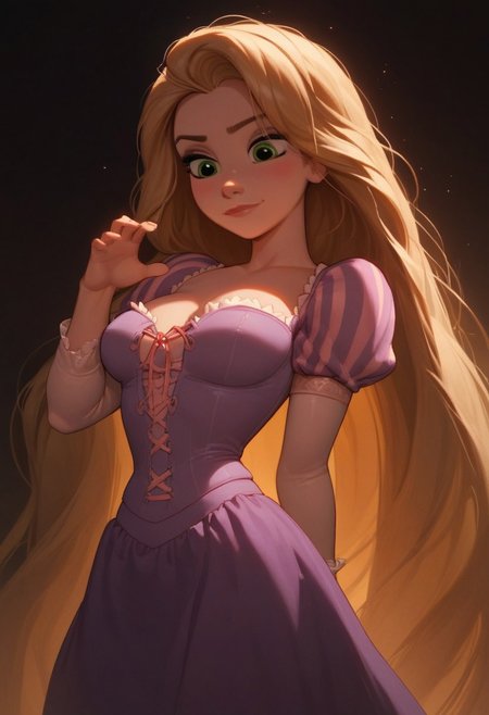 score_9, score_8_up, score_7_up, RapunzelWaifu, purple dress, puffy sleeves, very long hair, blonde, green eyes , short, skindentations, alot of cleavage,  highly detailed face, medium teardrop breasts, perfect breast, skinny girl ,  sharp outlining, high contrast, vibrant colors, glossy skin, , morning light in background, close up on girl, cowboy shot, focus on female, model pose, pin up pose, hands behind back