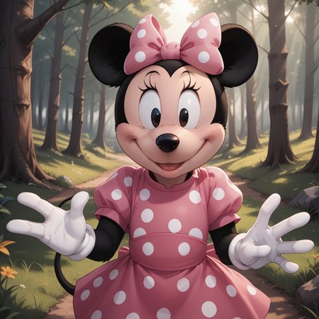 score_9, score_8, BREAK, solo, Minnie Mouse, mouse ears, thin black mouse tail, black fur, white gloves, pink bow with white polka dots on head, black eyes, long eyelashes, black nose, black fur body, cream colored face, self portrait, smile, looking at viewer, outdoors, sunlight, shadows, evening lighting, natural lighting, forest, trees, grass, orange sky, sunset
