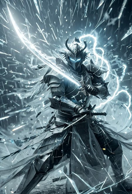 1man, armored samurai, Incoming sword, broken glass, reflection, glowing lightning slash, shatter, holding sword, glowing sword, motion blur, emphasis line, outdoor in the darkness, looking viewer,