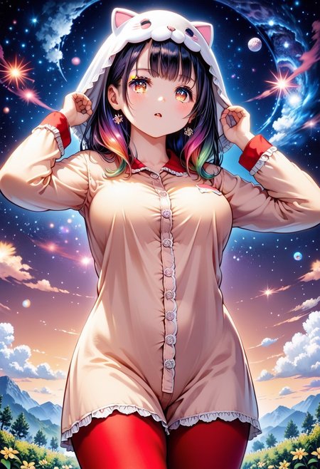 score_9, score_8_up, score_7_up, 1girl, solo, HimenoMP, scenery, (big breasts:0.8). (wide thighs:1.1), (wide hips:1.1), (mature woman:1.1), (detailed eyes, Eyes in high definition, eyes with a lot of detail), (best quality:1.4), a close up of a woman with colorful hair, anime girl with cosmic hair, rossdraws pastel vibrant, artwork in the style of guweiz, fantasy art style, colorful, vibrant fantasy style, rossdraws cartoon vibrant, cosmic and colorful, guweiz, colorfull digital fantasy art, stunning art style, beautiful anime style, red thighhighs, pajamas, mask on head, calpajamas