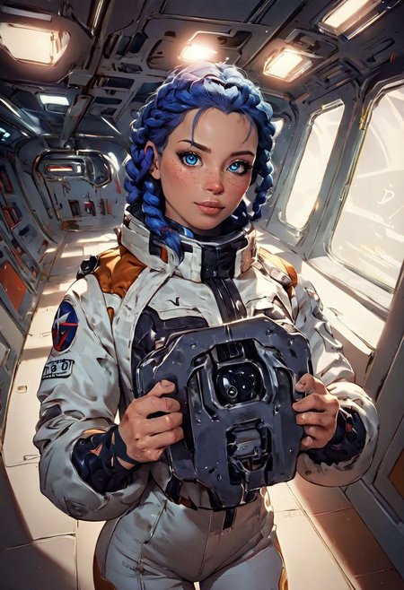score_9,score_8_up,score_7_up,score_6_up, source_illustration, a cute thin girl with long blue braided hair, blue eyes, fair skin, freckles,wearing a (space suit:1.2), small breasts, tattoos; standing in the corridor of a spaceship, looking directly at the viewer, view from above; dimly lit, dark lighting, volumetric soft light, hazy, intricate details, rating_explicit, nostromostyleai, starship interior, space outside, grungy and worn-down spaceship corridors, no windows, nostromostyleai, m41apls, holding a pulserifle,