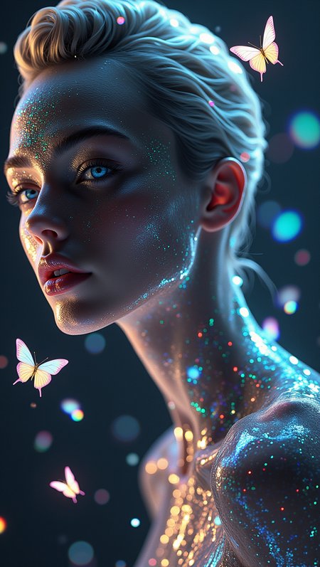 A radiant female model poses with effortless allure, her silhouette bathed in soft, glowing light that creates dreamy contrast against a dark, abstract backdrop. Her skin appears porcelain-smooth and hyper-realistic, with an iridescent sheen that subtly shifts in color as if brushed by liquid starlight. She wears a sleek, futuristic couture gownâsculpted to her form, shimmering with micro-prismatic threads that refract light into spectral patterns across her curves. The lighting is soft and cinematic, glowing from beneath her cheekbones and collarbones, casting delicate shadows that add surreal depth to her features. Her eyes are a striking ocean-blue, sparkling with faint bioluminescent glints; her lips glossed in digital chrome-pink. Around her, ambient visual effects pulse gentlyâfloating particles, translucent butterflies made of code, and slow, spiraling flares of rainbow light that frame her like a celestial aura. Sheâs equal parts fantasy and fashionâa digital goddess brought to life in the radiant world of Prismatica <lora:Prismatica2024-000017:0.7500000000000001>