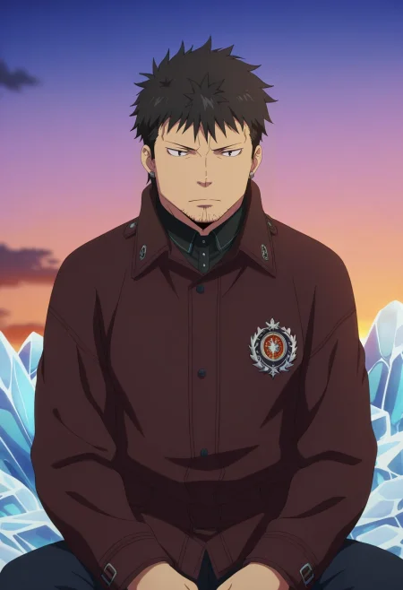 masterpiece, best quality, intricate details, anime screencap, anime coloring, , , , 1boy, solo, male focus, <lora:ryuuji_suguro_ilxl:0.92>, ryuuji_suguro, black hair, black eyes, short hair, , facial hair, stubble, , rule of thirds, cold, ice, dusk, sitting, expressionless, french costume
