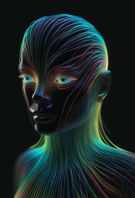 high quality, high resolution, extremely detailed, no humans, made of,tiny neon glass filaments,w0gf1l, computer, black background