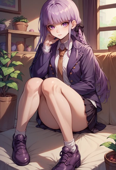 score_9, score_8_up, score_7_up, score_6_up, 1girl, Kyoko, purple eyes, purple hair, long hair, braid, purple jacket, brown necktie, white shirt,<lora:KyokoPXL:1> sitting with elbows on knees