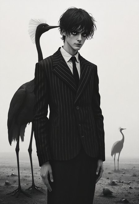 Black and white stylized illustration of a melancholic figure.  Young, Caucasian male, exaggerated features, distressed expression.  Large, wide-eyed, sorrowful gaze.  Long, disheveled hair.  Wearing a dark, pinstriped suit jacket and tie.  Standing pose, slight forward lean, shoulders slightly slumped.  Empty, overcast landscape.  Sparse, bare field with small, dark, round objects scattered.  Black, stylized crane-like bird standing in the mid-ground.  Long, elegant neck of the bird;  whirl of lines create the neck.  Detailed, somewhat textured representation of the figure and background elements, with a subtle sense of depth.   Dramatic, somber mood.   Minimalist style;  art nouveau elements.  Full body portrait, slightly elevated perspective.  Low-key lighting creates a profound contrast.  Focus on conveying a sense of sadness and isolation.  Stylized, illustrative, and dark fantasy character.
